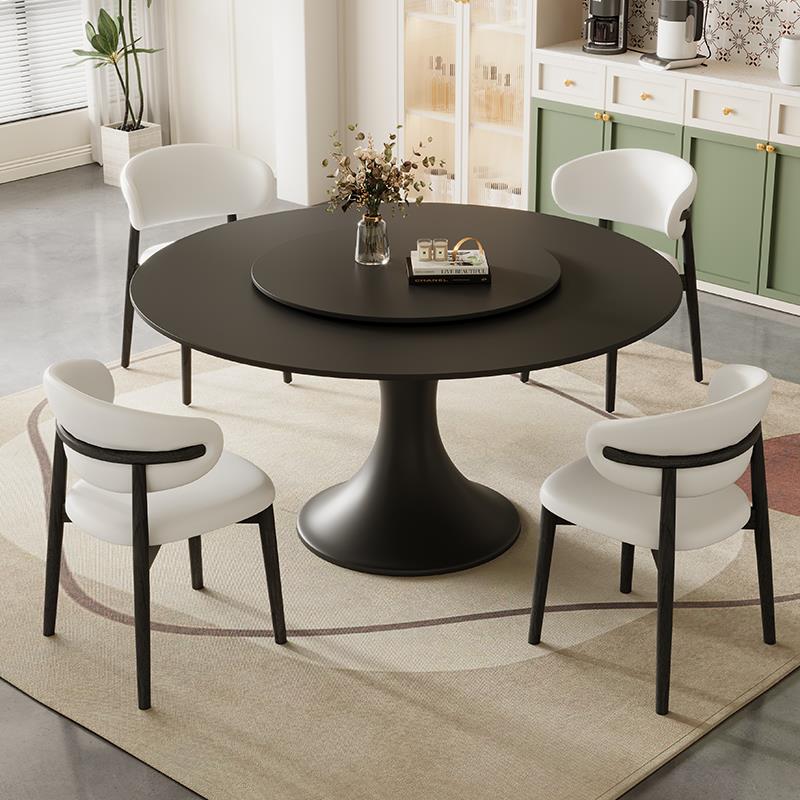 法式复古奶油风岩板餐桌小户型家用圆桌现代简约轻奢白色圆形餐桌