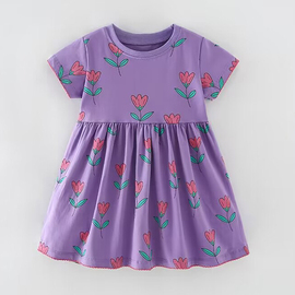 女童小碎花紫色短袖连衣裙宝宝，休闲沙滩裙，儿童夏装中小童公主裙子