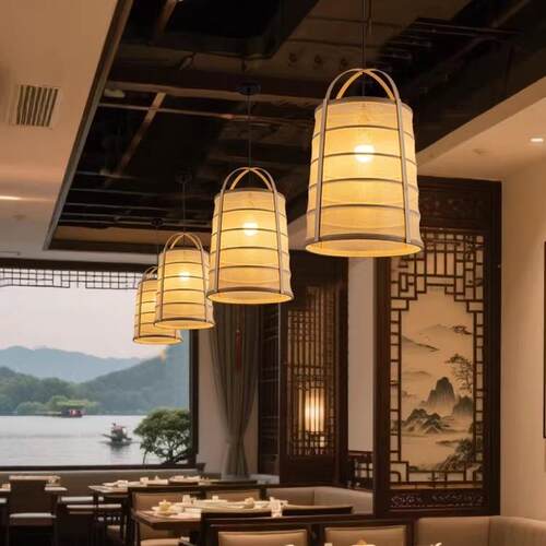 中式复古麻布布艺吊灯尺寸LOGO火锅店餐饮饭店茶室庭院灯具