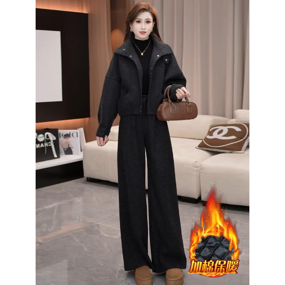 ROUMIKL巨好看的冬装一整套女2025新款加绒夹外套加厚阔腿裤两件