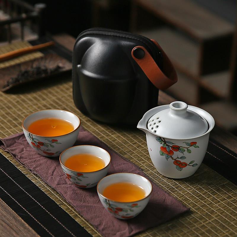 xyt复古汝窑快客杯一壶三杯茶具小套装便携户外旅行套组旅行陶瓷