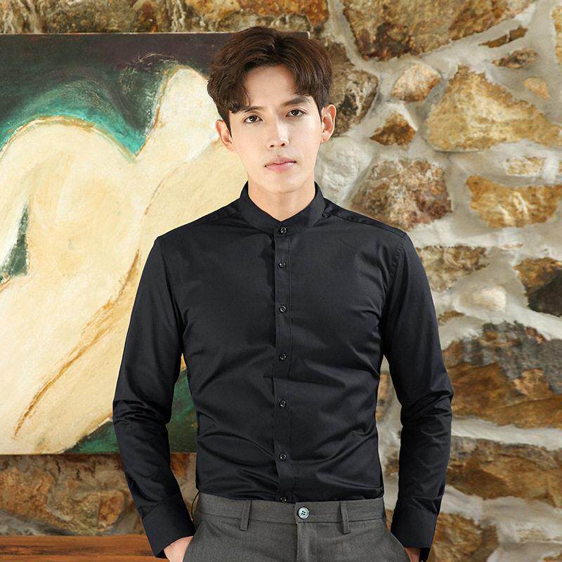 秋季男士中山装白色立领衬衫商务小立领黑色潮流帅气灰色圆领衬衣