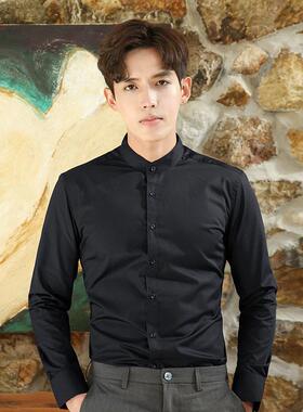 秋季男士中山装白色立领衬衫商务小立领黑色潮流帅气灰色圆领衬衣
