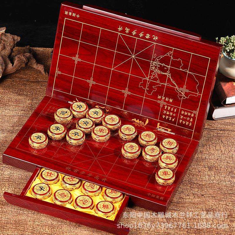 金丝楠木九龙渡金象棋 桢楠象棋摆件 皮革折叠棋盘