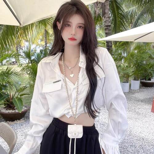 韩国EGG JRG辣妹系带衬衫女春秋高级设计感漂亮收腰小衫短款上衣