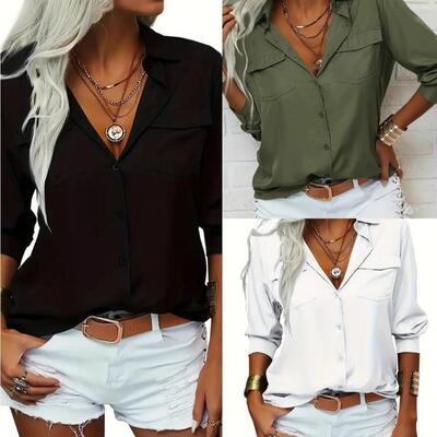 Danedvi Women's Solid Lapel Long-Sleeve Button-Down Fashion
