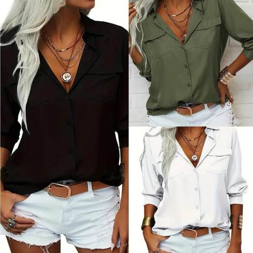 womens solid color lapel long sleeve button down shirt