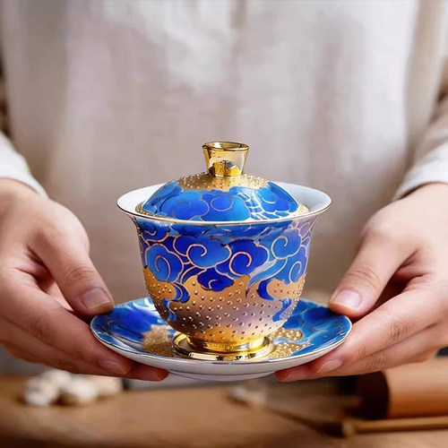 999吉祥如意黄金盖碗 省大师肖建辉釉下五彩纯手工主人杯陶瓷茶杯
