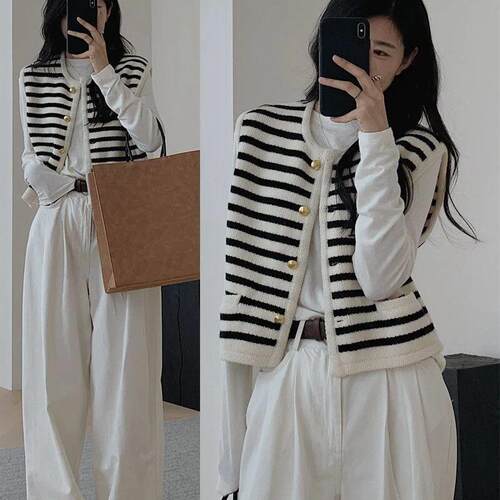 Womens Striped Cap Sleeve Sweater Vest Crew Neck Button