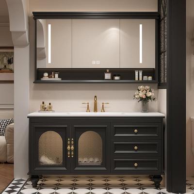 橡木落地式法式复古浴室柜组合卫生间岩板热弯一体洗漱台洗手盆柜