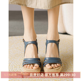 kmeizu名媛9cm坡跟凉鞋女夏超高跟，草编一字带波西米亚风玛丽珍鞋