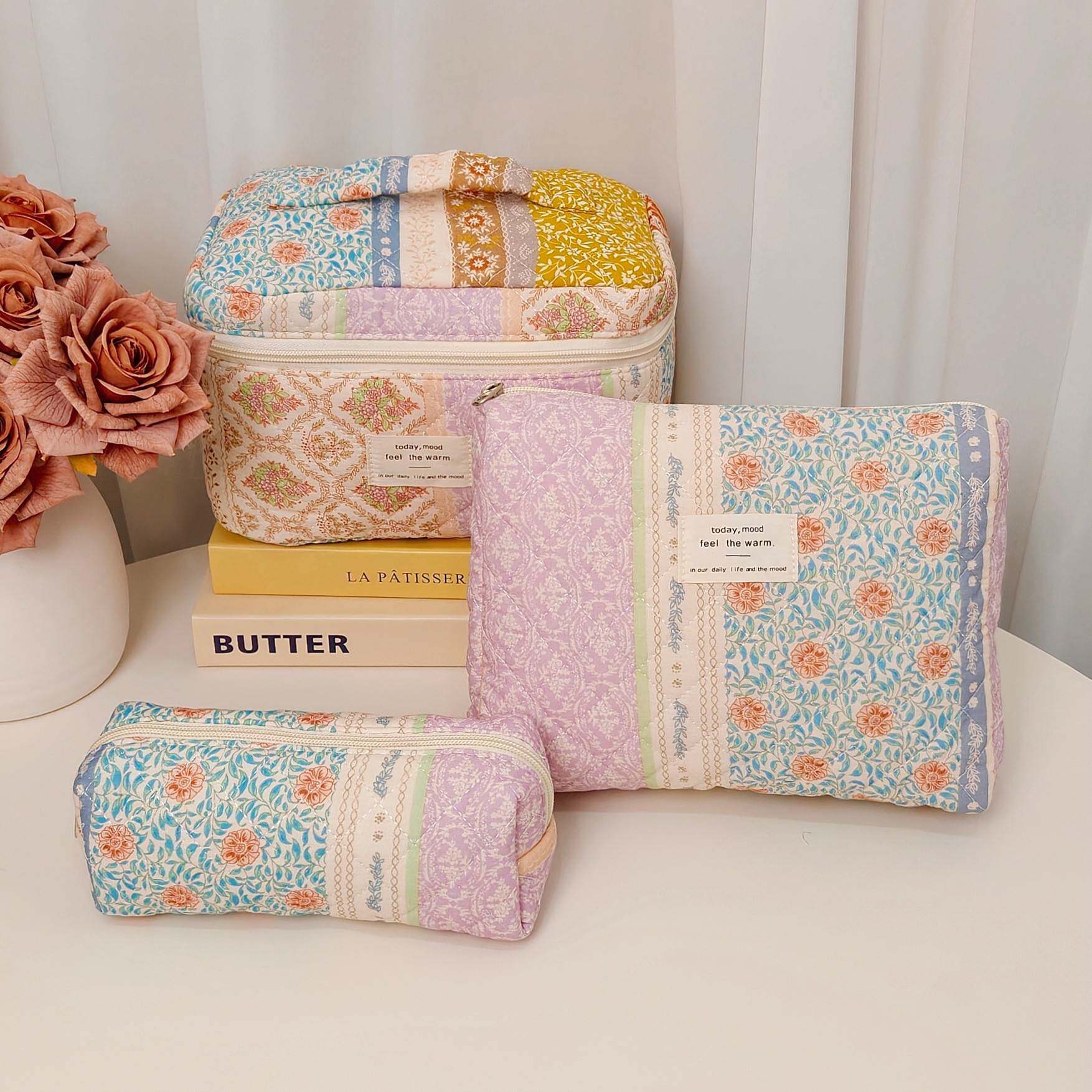 源头工厂碎花涤棉化妆包ins彩色拼接收纳袋笔袋大容量手提收纳包