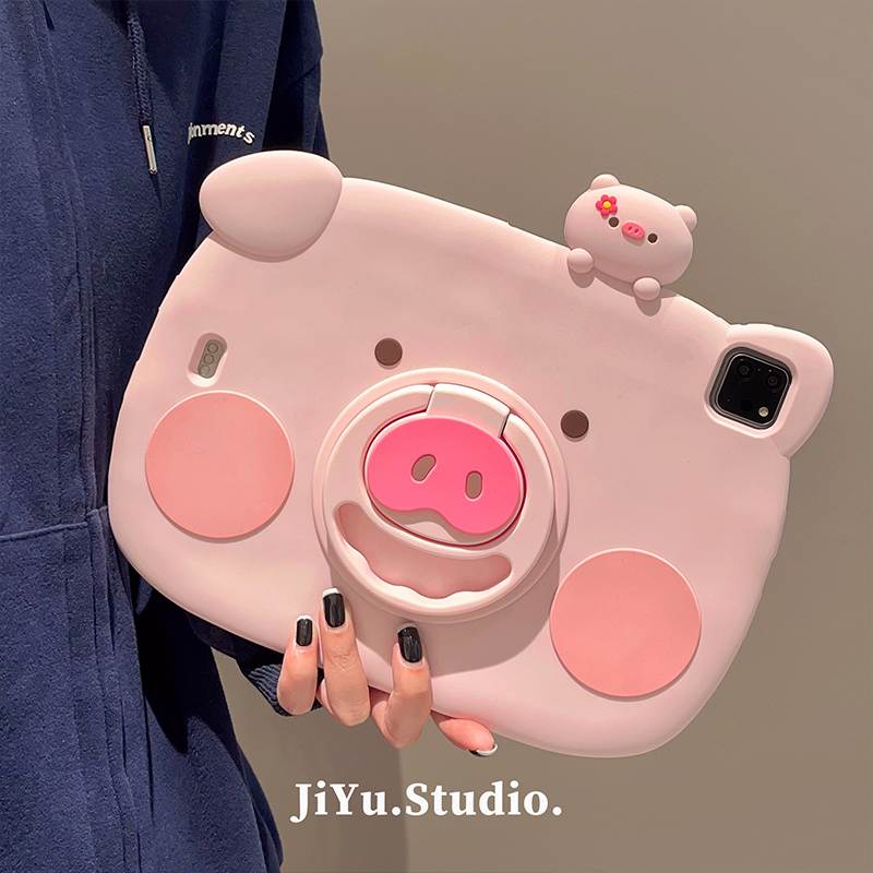 精品可爱粉色小猪鼻子iPad2022第10代适用平板保护套10.2寸789保护壳十防摔旋转支架Air4/5创意pro11硅胶mini