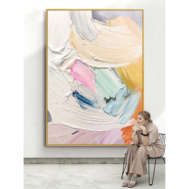 手绘油画粉色轻奢立体抽象现代客厅玄关背景墙装饰画餐厅玄关挂画图片