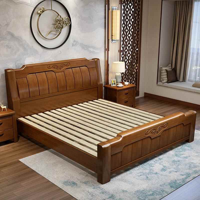 实中式木床11.5m.8m2.0双人床橡m胶木高箱储物床主卧马丁室家具大