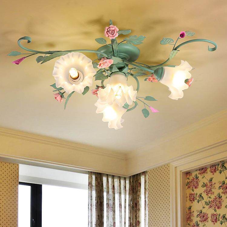奶油风罗勒绿卧室吸顶灯房间果绿色田园玫瑰花女孩调光民宿灯具