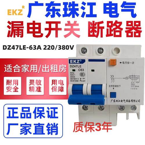 广东珠江漏电DZ47-型家用出租房2P32A40A63A100A总闸漏电保护开关