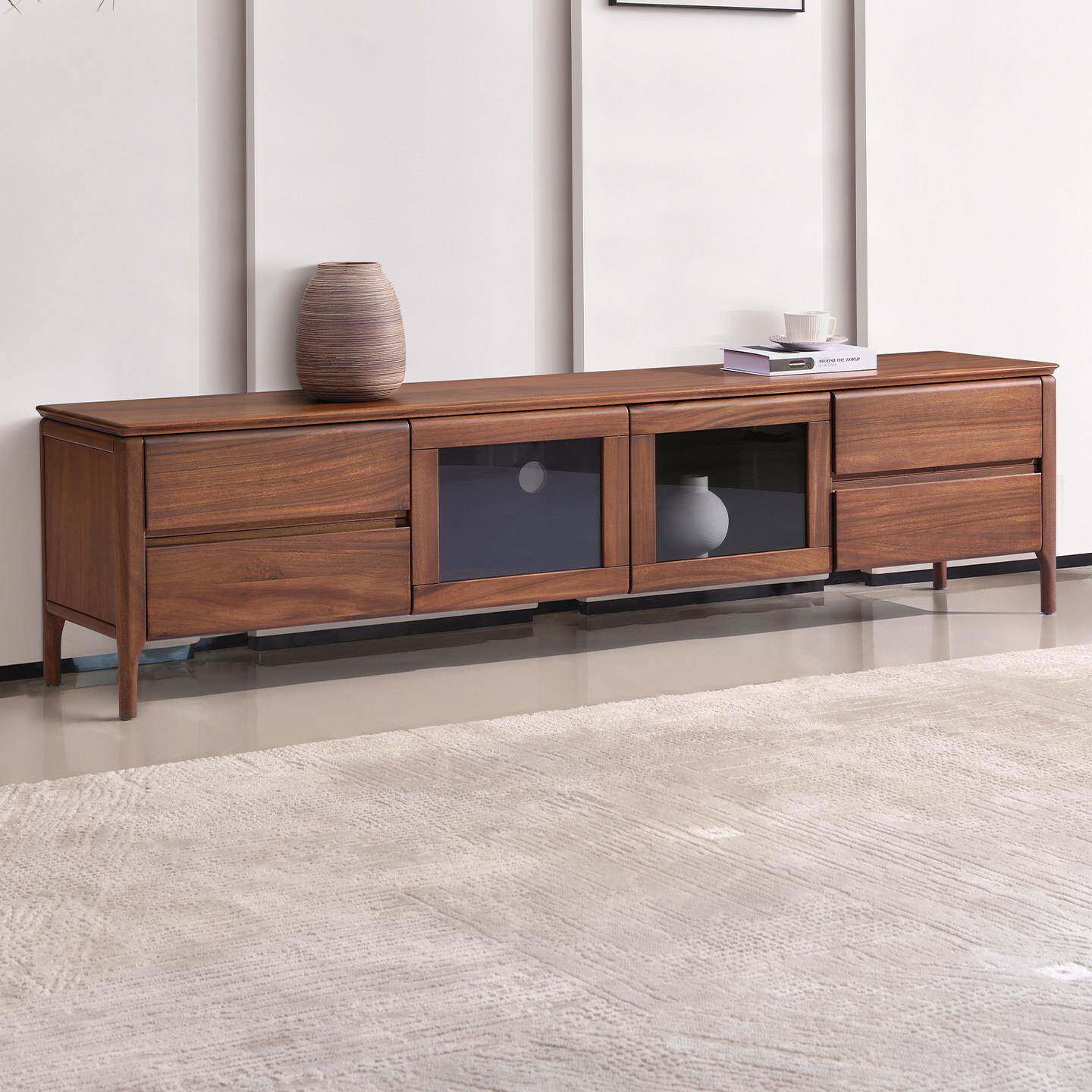 全实木电视柜客厅家用现代简约核桃木收纳储物柜一体2026新款