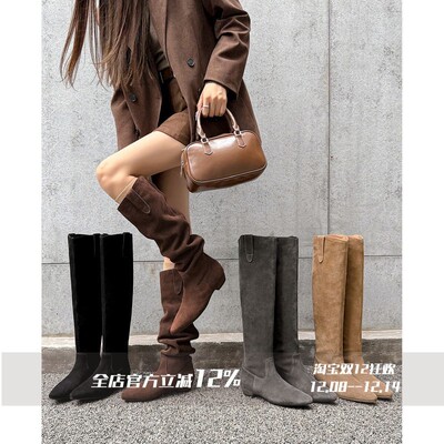 FairyWink 秒变腿精～！麂皮褶皱西部靴女宽筒骑士靴粗跟堆堆长靴
