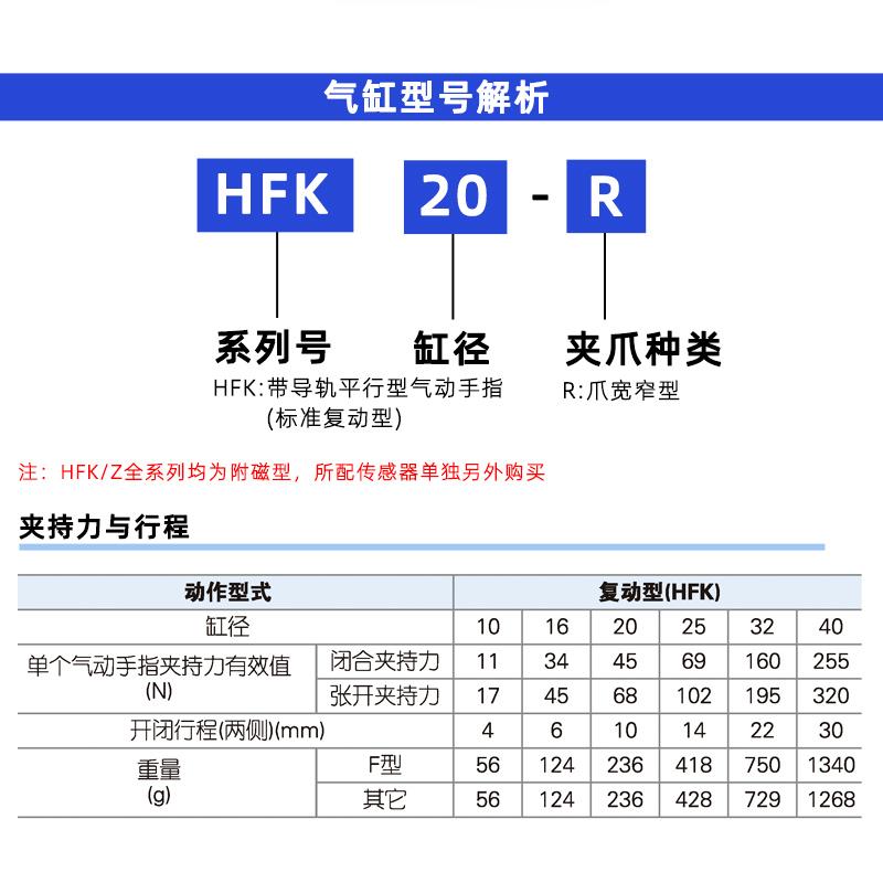 气动手指气缸爪宽窄型HFK6R/10R/16R/20R/25R/32R/40R平行夹爪HFZ