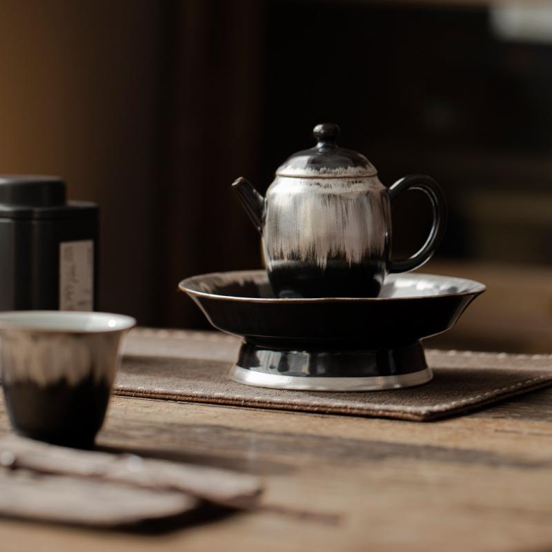 弥言乌金釉鎏银仿宋高足壶承诧寂风日式壶承家用茶点盘复古茶点盘
