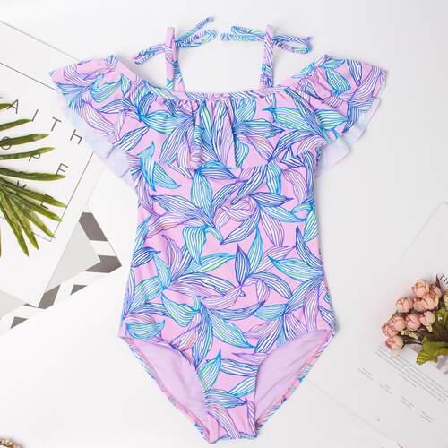 Purple one-piece leaf style children's swimsuit for girls