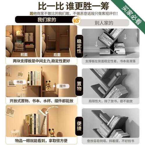 实木床头书架仙人掌加厚转角书柜卧室收纳落地置物架儿童小书架