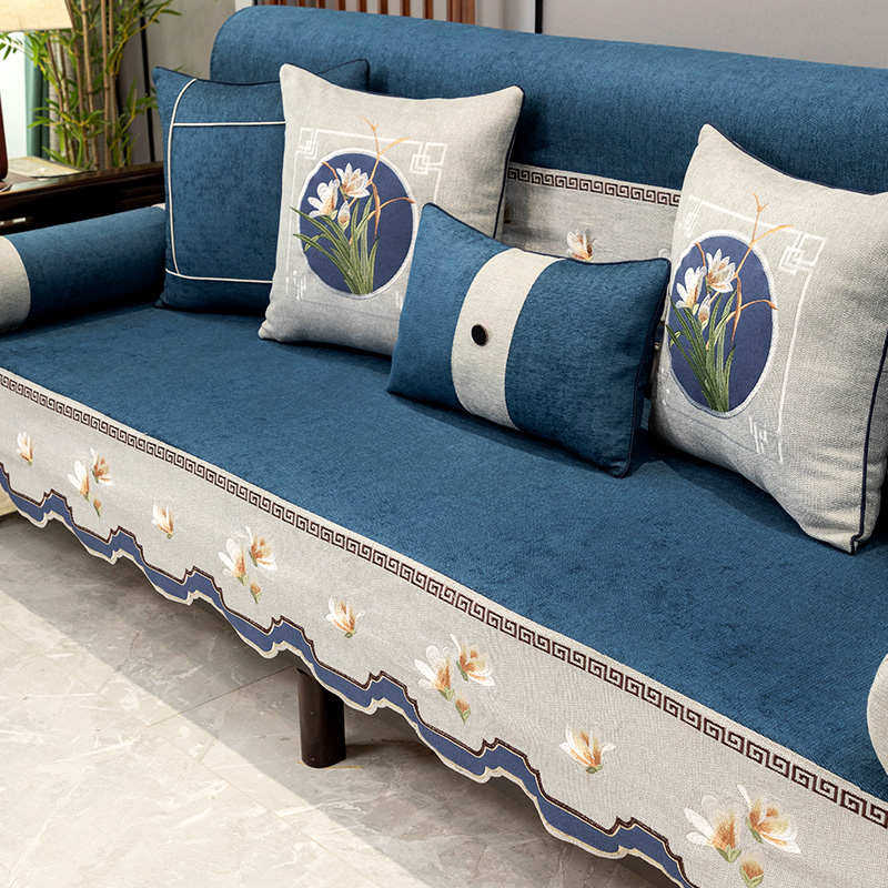 新中式沙发垫全包沙发套罩四季通用座垫子实木防滑坐垫盖布巾