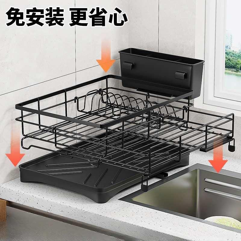 厨房餐具一体沥水架家用碗架筷子可抽拉收纳架可伸缩放餐具置物架