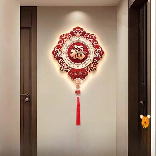 中国结入户玄关装饰画新中式福字钟表挂钟寓意好客厅走廊尽头挂画