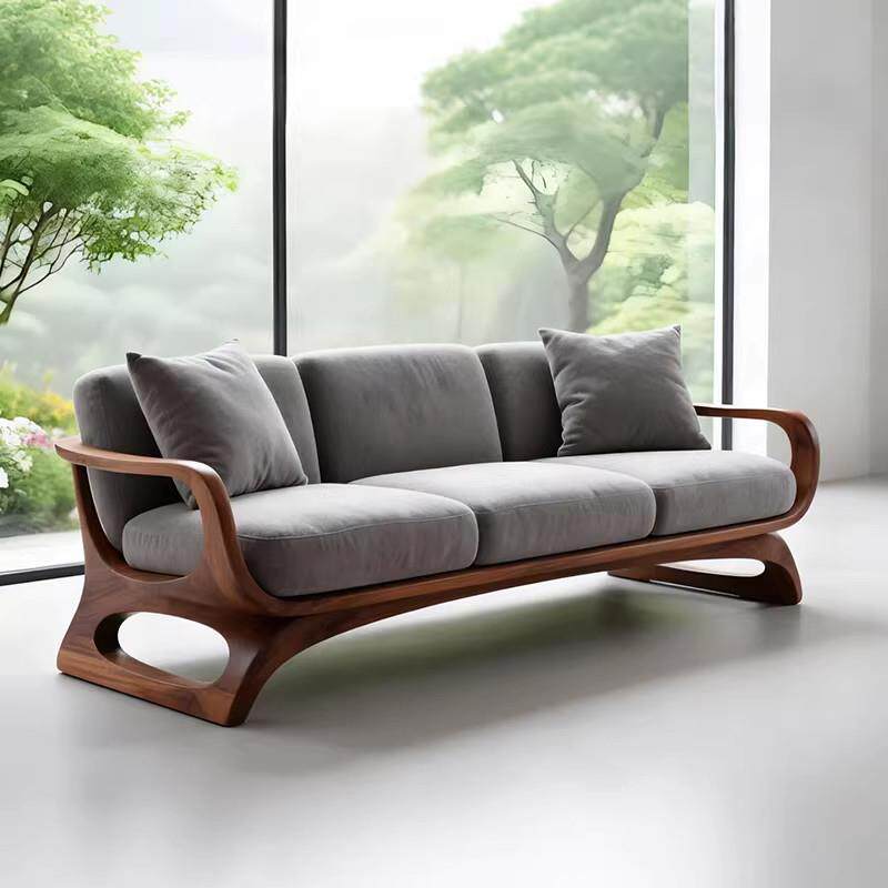 中古风实木沙发胡桃木2026新款小户型布艺三人位直排沙发客厅家具