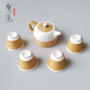 中国非遗手工艺竹丝扣瓷茶具茶壶套组商务送礼瓷胎竹编泡茶壶礼盒