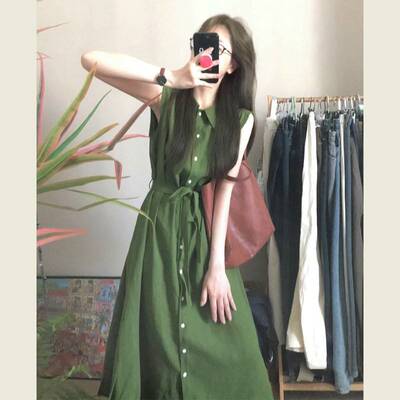 绿色无袖衬衫洋装女夏季新款高级设计感宽松显瘦系带气质长裙子