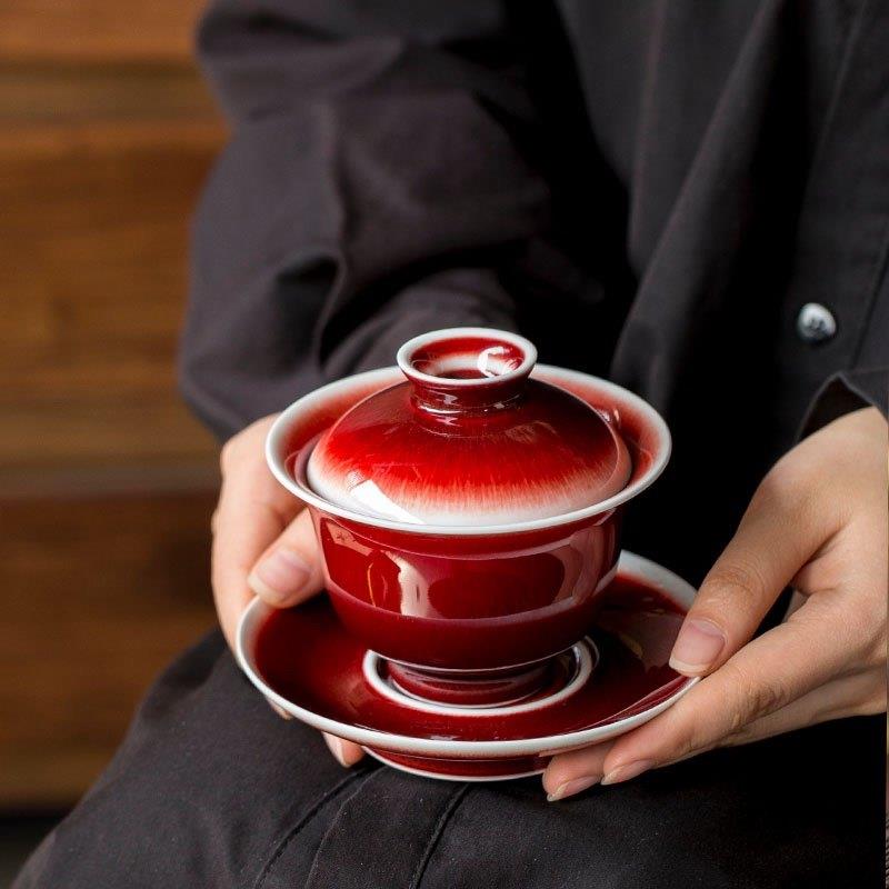 景德镇陶瓷纯手工郎红三才盖碗柴烧高档覆古泡茶碗防烫功夫茶具