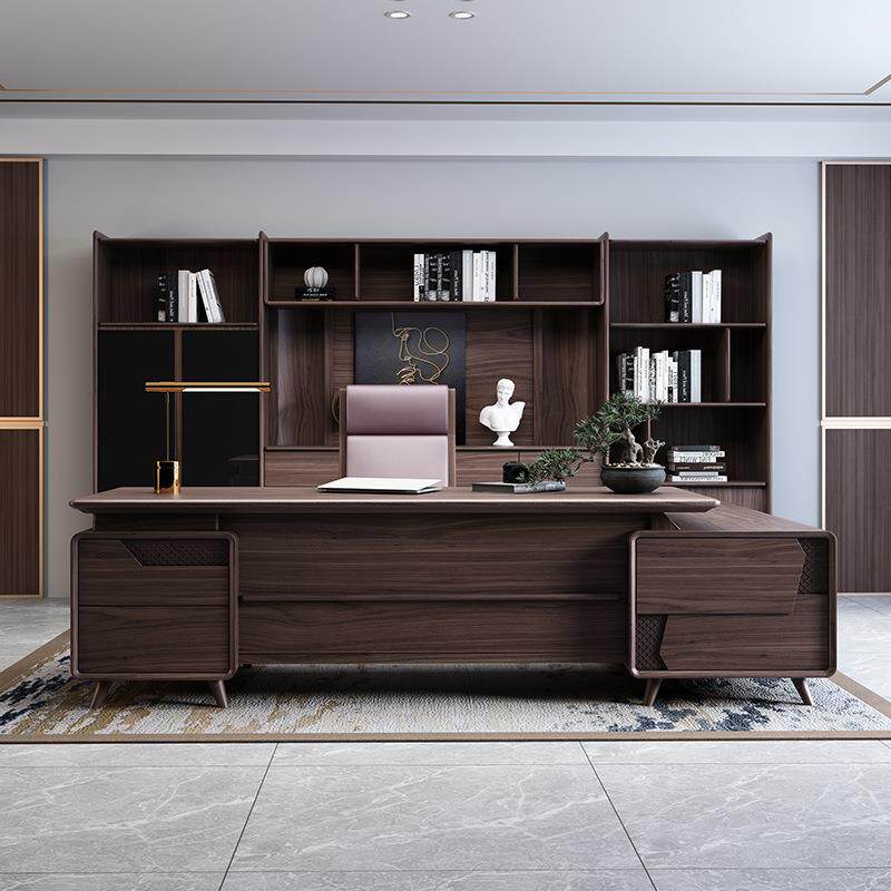 新中式办公桌椅组合黑胡桃木实木单人老板桌总裁桌简约现代大班台