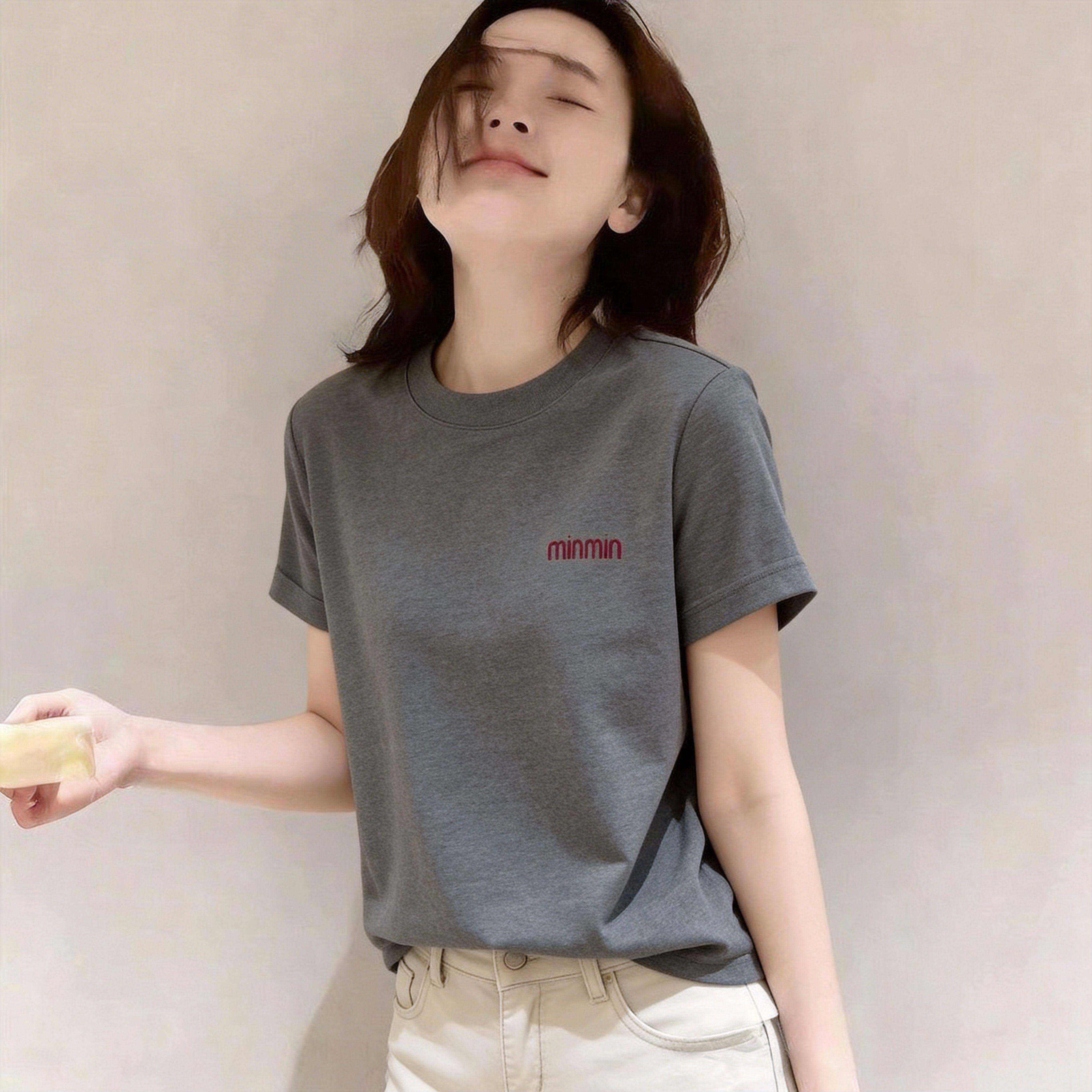 韩国小刺绣正肩短袖t恤女夏百搭显瘦小个子圆领休闲上衣纯色Tee潮