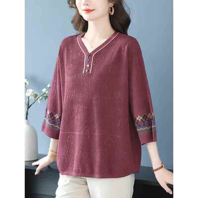 妈妈秋装新款上衣洋气宽松遮肉七分袖针织衫女加大码早秋V领小衫