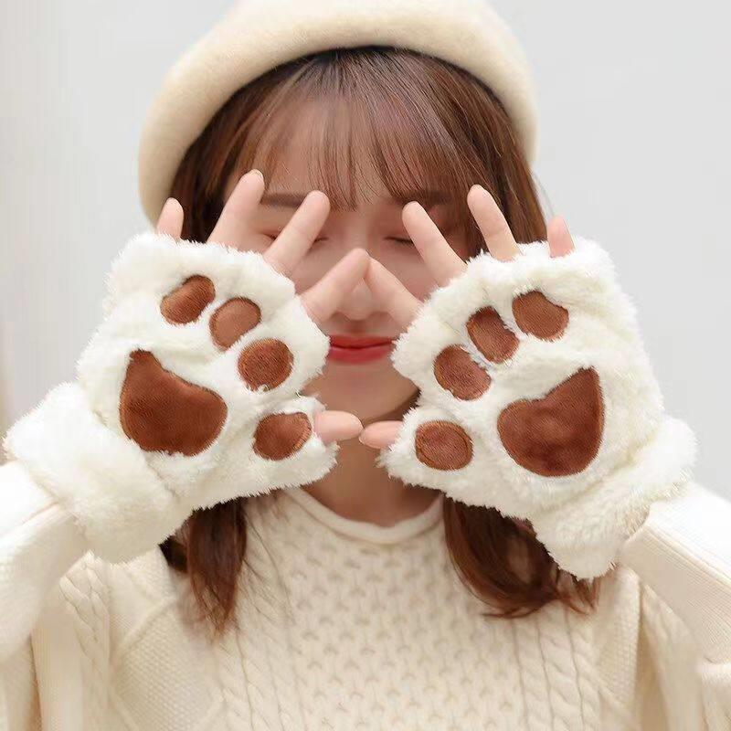 可爱猫爪手套女秋冬保暖防寒毛绒半指手套加厚加绒学生写字漏手指