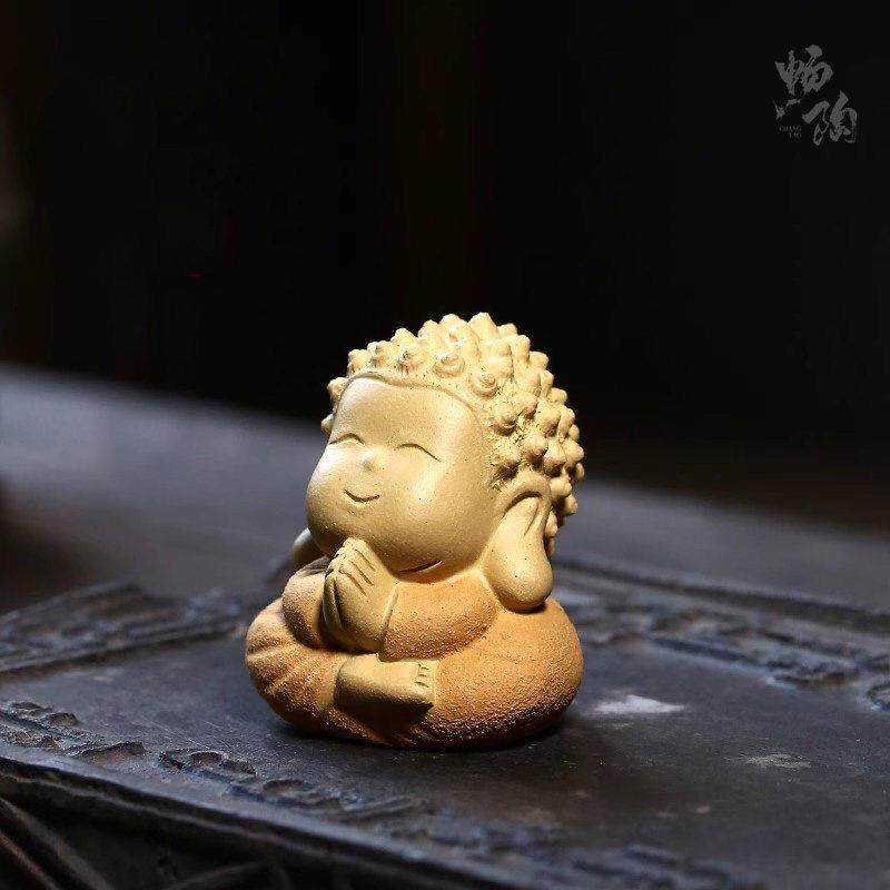 【畅陶】原矿手工小和尚茶宠 段泥款小和尚摆件 开心许愿佛茶玩