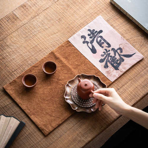 新中式书法拼布茶席草木柿色扎染桌旗干泡垫帆布隔热垫长方茶布垫