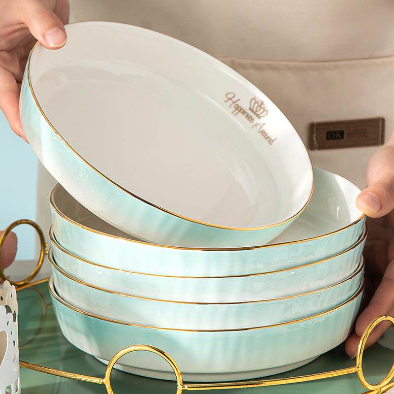 盘子菜盘家用2026新款陶瓷餐具加厚加深可微波金边大盘子碗盘套装