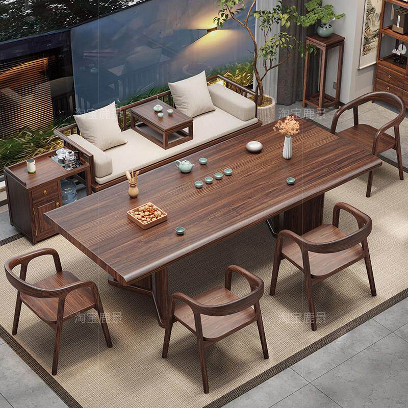 乌金木大板茶桌椅组合一桌五椅办公室茶几套装一体高档实木泡茶台