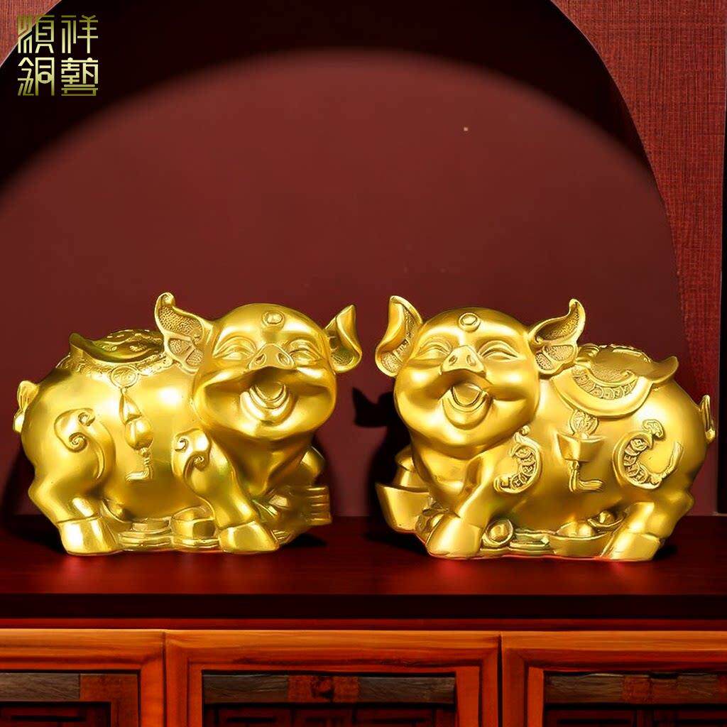 纯黄铜猪摆件吉祥物一对生肖猪工艺礼品摆饰西北缺角家居饰品客厅