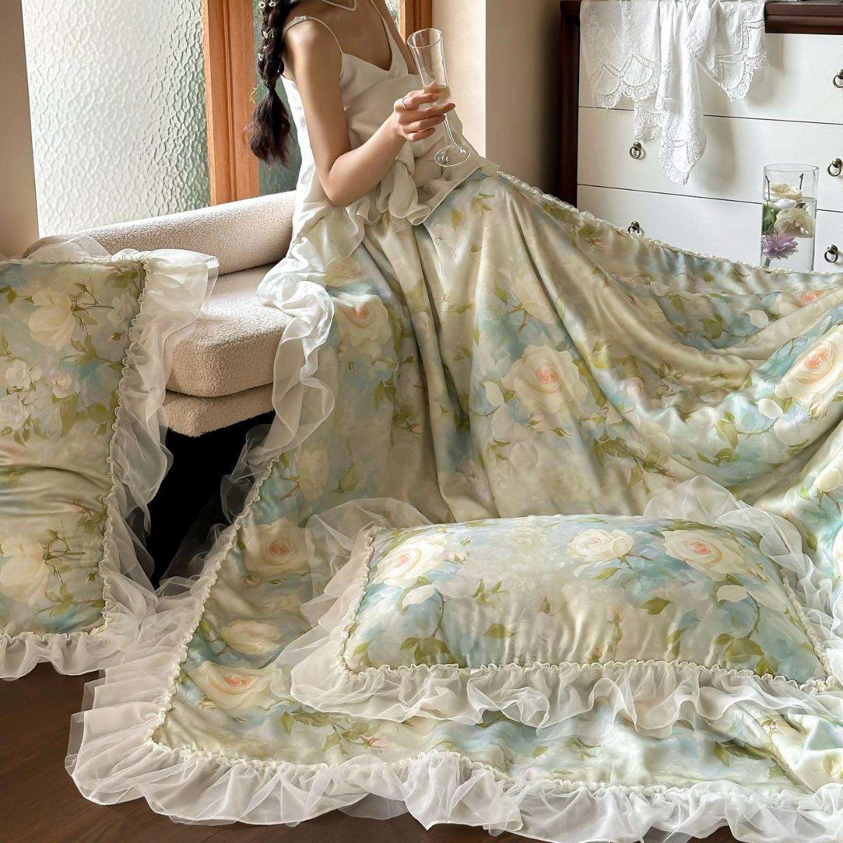 法式蕾丝双层花边丝滑夏季莱赛尔兰精天丝数码印花夏被四件套
