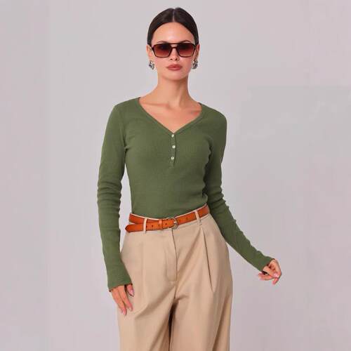 Women'S Basic Solid Color V Neck Button Front Long Sleeve