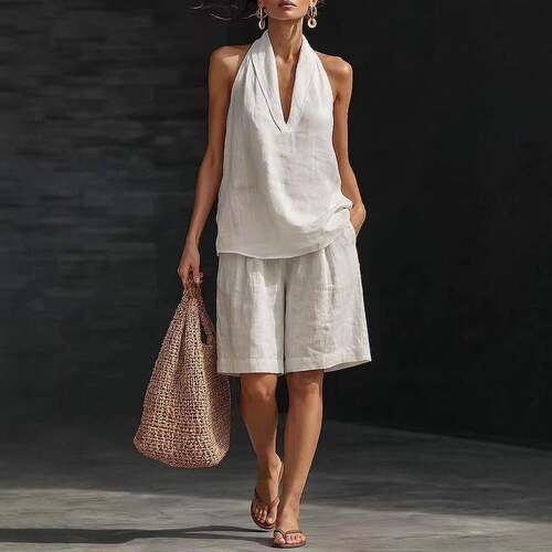 2026 New Womens Casual Shorts Set Over-The-Shoulder V-Neck
