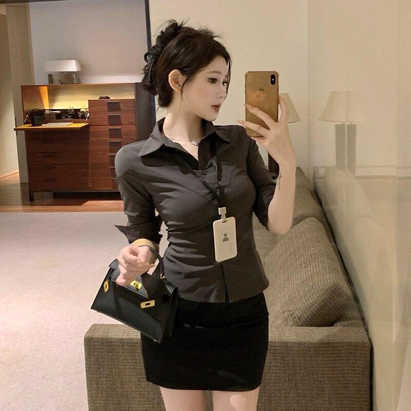 职业装性感风收腰长袖灰衬衫女酒店前台足道技师包臀裙两件套秋