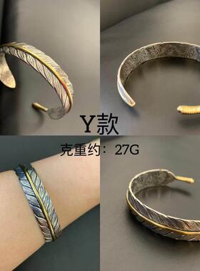 正品不同银匠高桥银羽毛鹰老松石开口手镯绿个性纯复古宽版情侣素