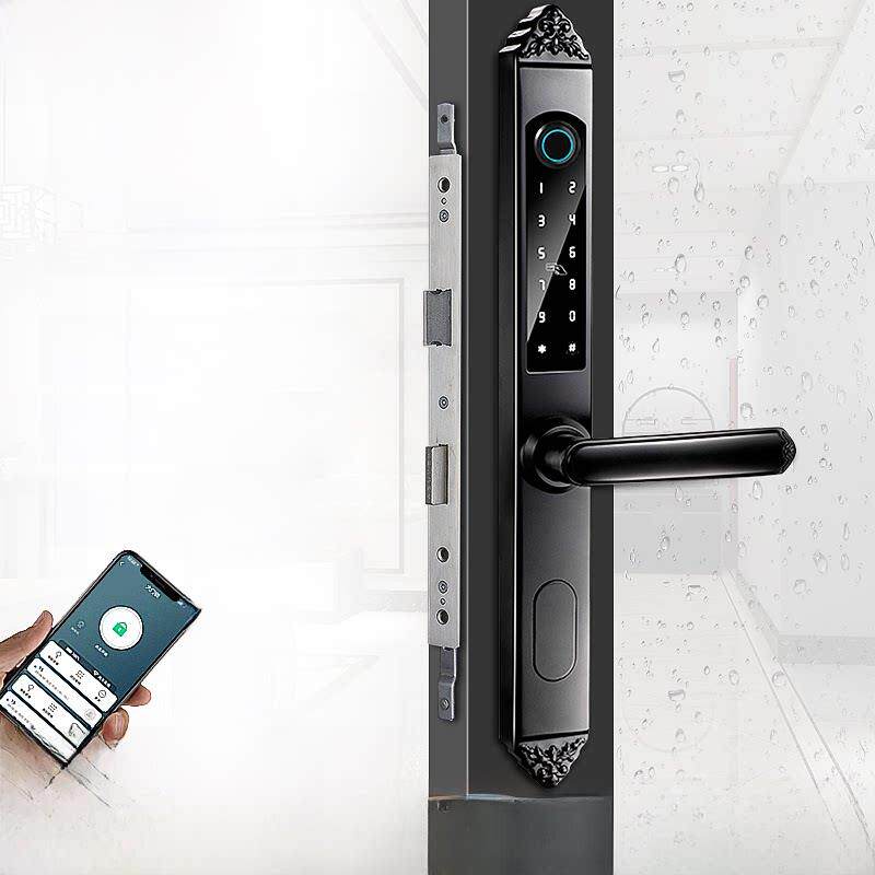 银驰欧式断桥铝指纹锁有框玻璃门电子密码锁不锈钢肯德基门智能锁