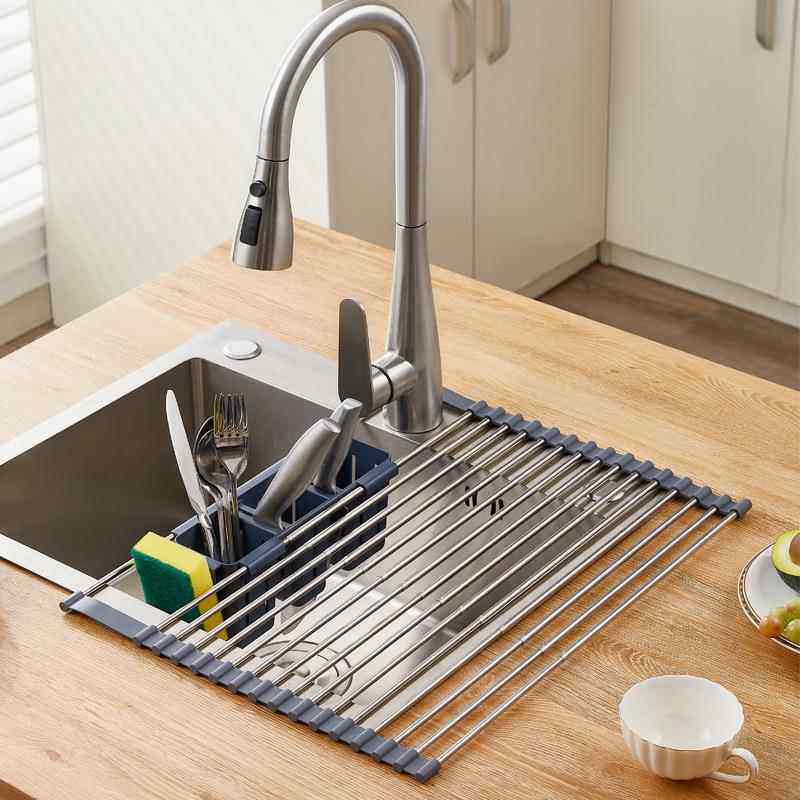 跨境不锈钢厨房置物架多功能折叠卷帘伸缩沥水架水槽滤水架碗碟架